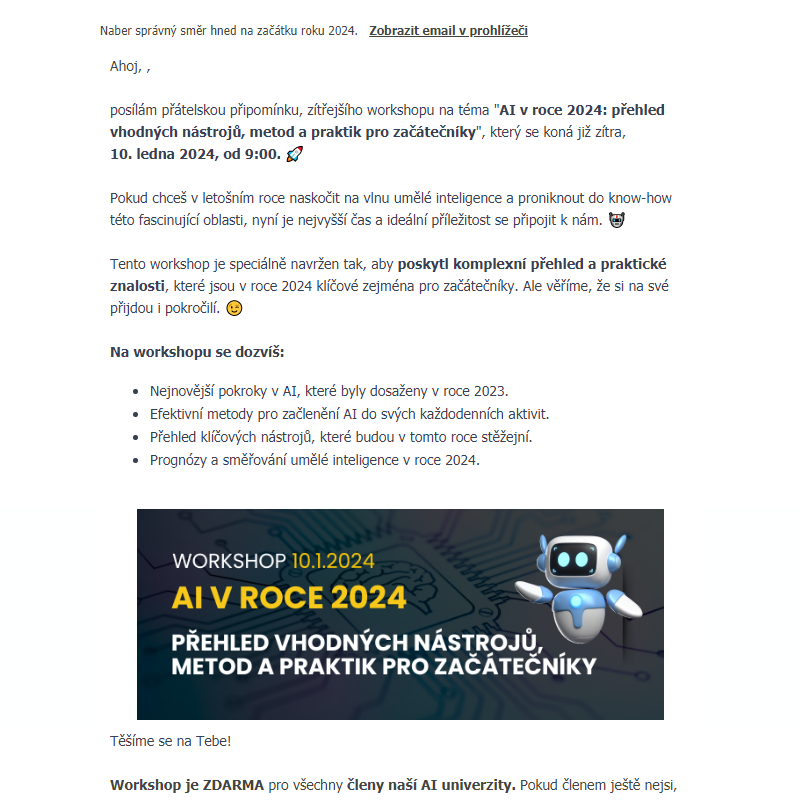 Připomínka zítřejšího workshopu: AI v roce 2024 - přehled vhodných nástrojů, metod a praktik pro začátečníky