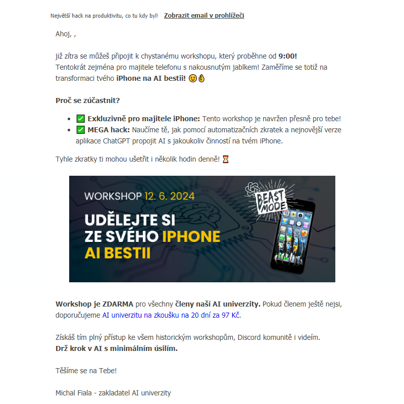 Připomínka zítřejšího workshopu: Udělejte si ze svého iPhone AI bestii