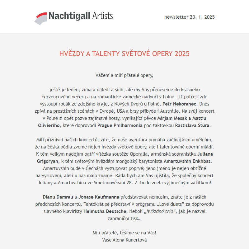 Nachtigall Artists newsletter - 20. 1. 2025