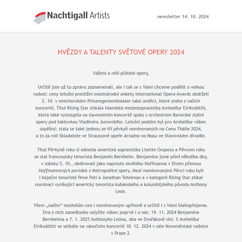 Nachtigall Artists newsletter - 14. 10. 2024