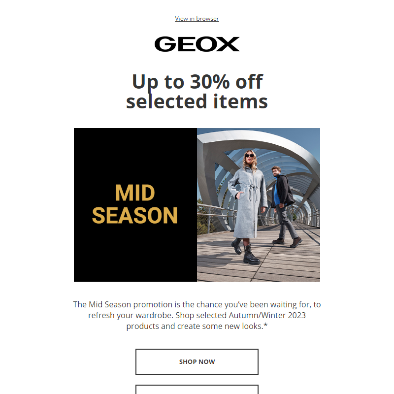 Mid Season: up to 30% off selected Autumn/Winter