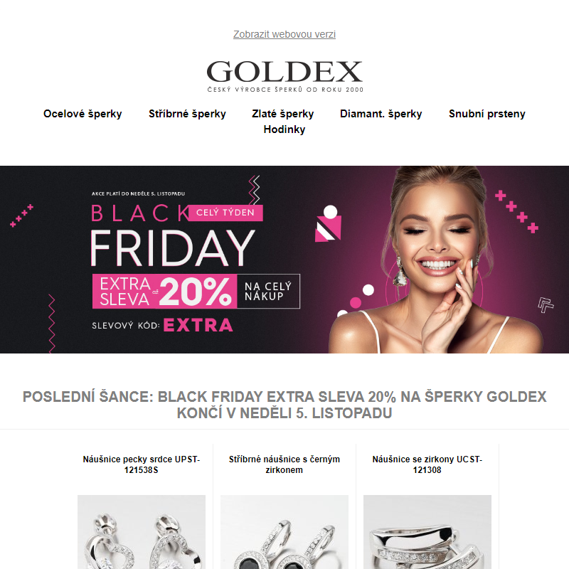Poslední šance: Black Friday EXTRA SLEVA 20% na šperky GOLDEX končí v neděli 5. listopadu