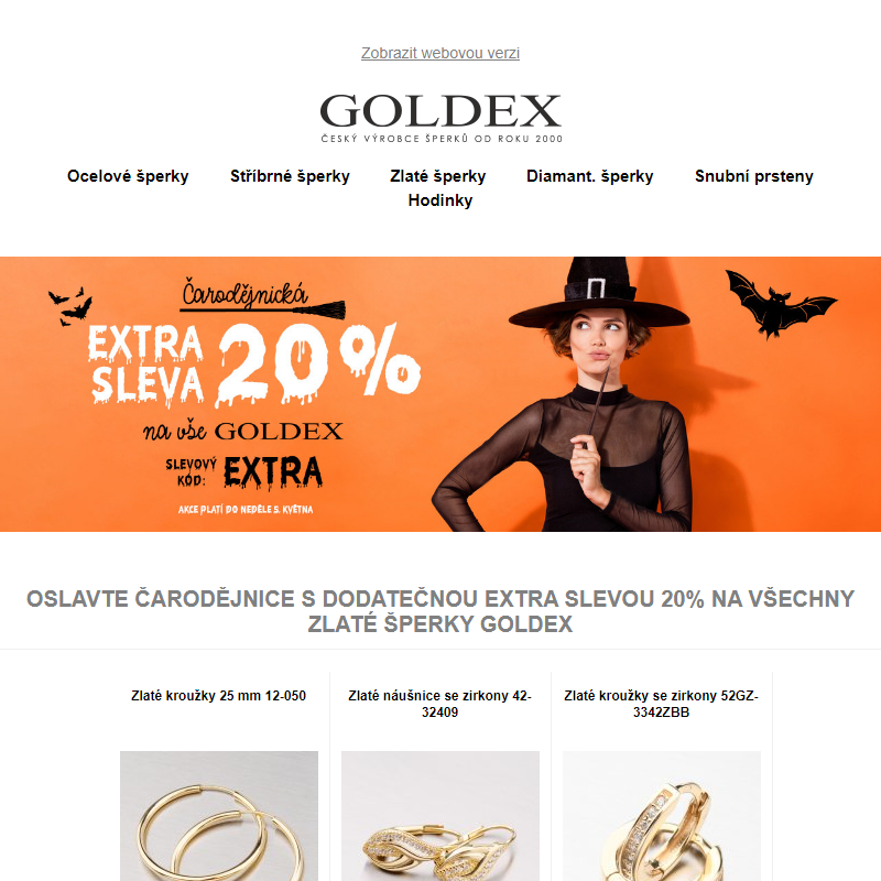 Oslavte čarodějnice s dodatečnou EXTRA SLEVOU 20% na všechny zlaté šperky Goldex