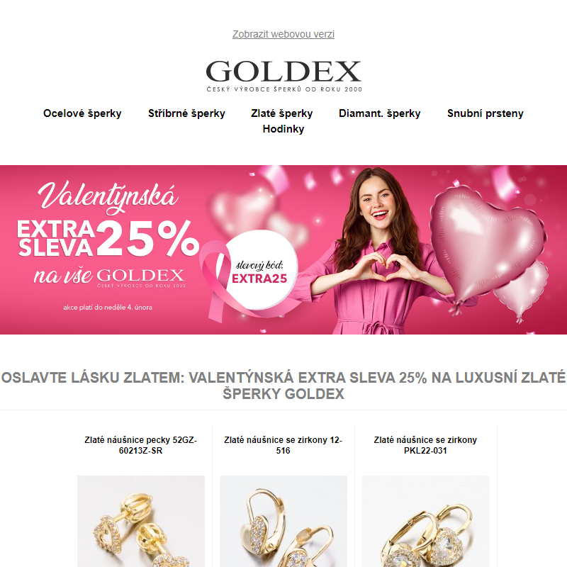 Oslavte lásku zlatem: Valentýnská EXTRA SLEVA 25% na luxusní zlaté šperky Goldex