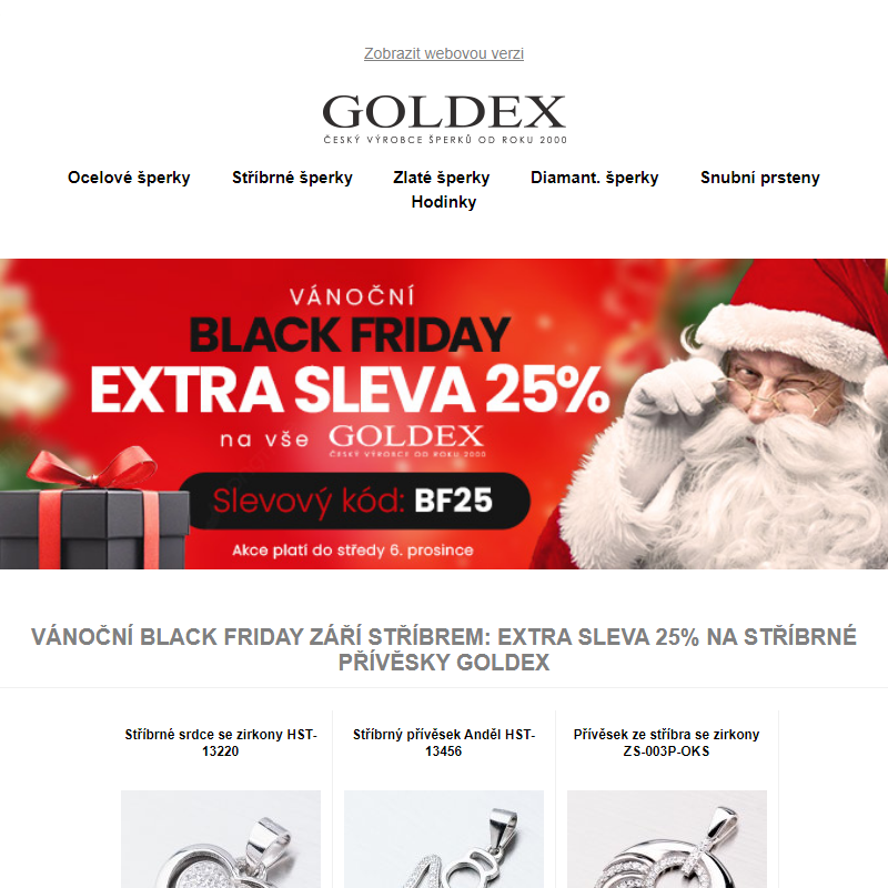 Vánoční Black Friday září stříbrem: EXTRA SLEVA 25% na stříbrné přívěsky Goldex