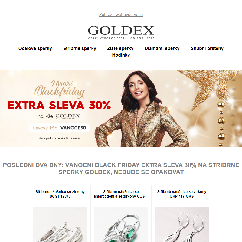 Poslední dva dny: Vánoční Black Friday EXTRA SLEVA 30% na stříbrné šperky Goldex, nebude se opakovat