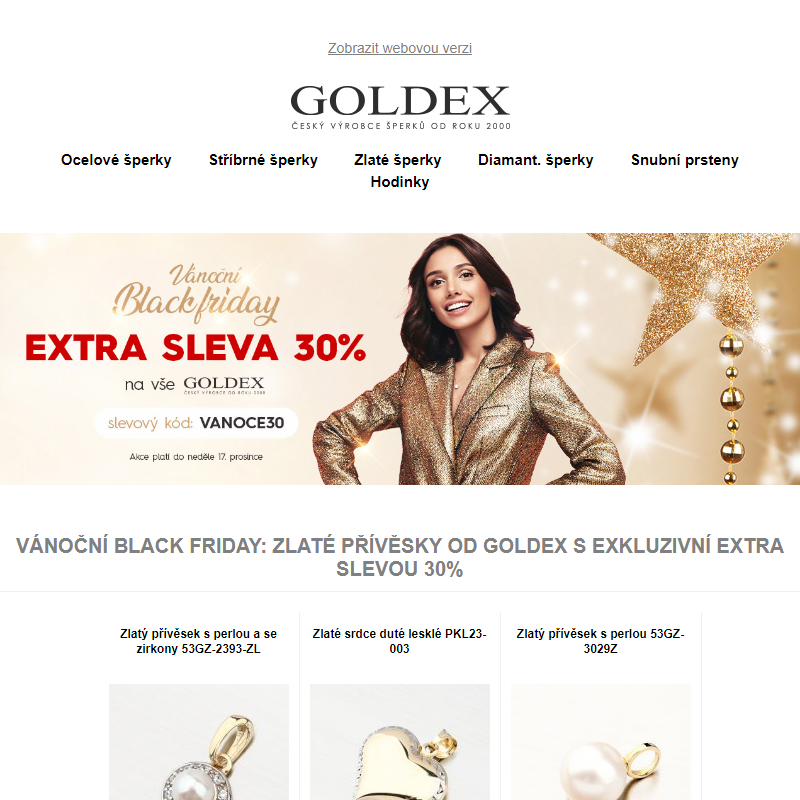 Vánoční Black Friday: Zlaté přívěsky od Goldex s exkluzivní EXTRA SLEVOU 30%
