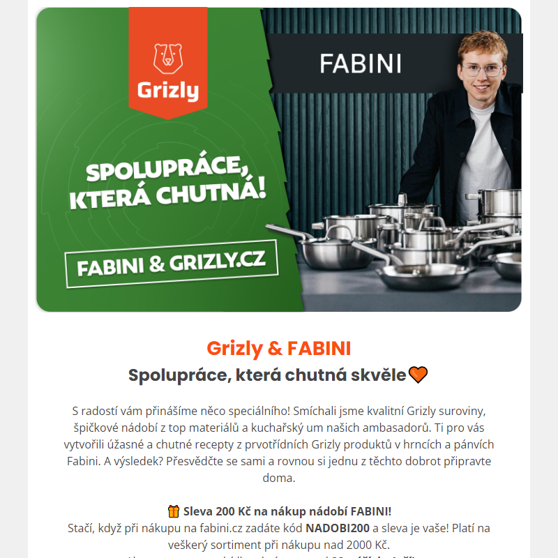 Grizly & FABINI: Získejte 200 Kč slevu na prémiové nádobí! _