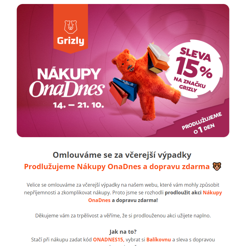 Prodlužujeme akci Nákupy OnaDnes a dopravu zdarma! _