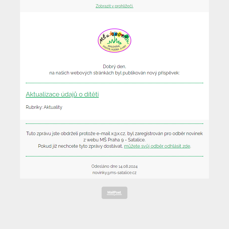 Nový příspěvek na webu: Aktualizace údajů o dítěti