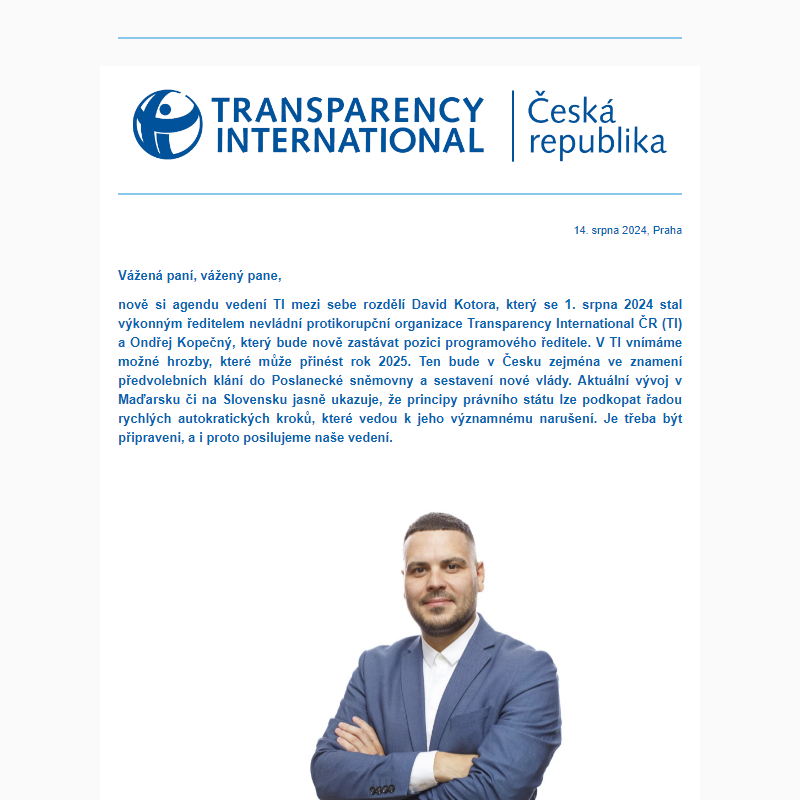 Transparency posiluje vedení. David Kotora se stává novým výkonným ředitelem. Ondřej Kopečný přechází na pozici programového ředitele