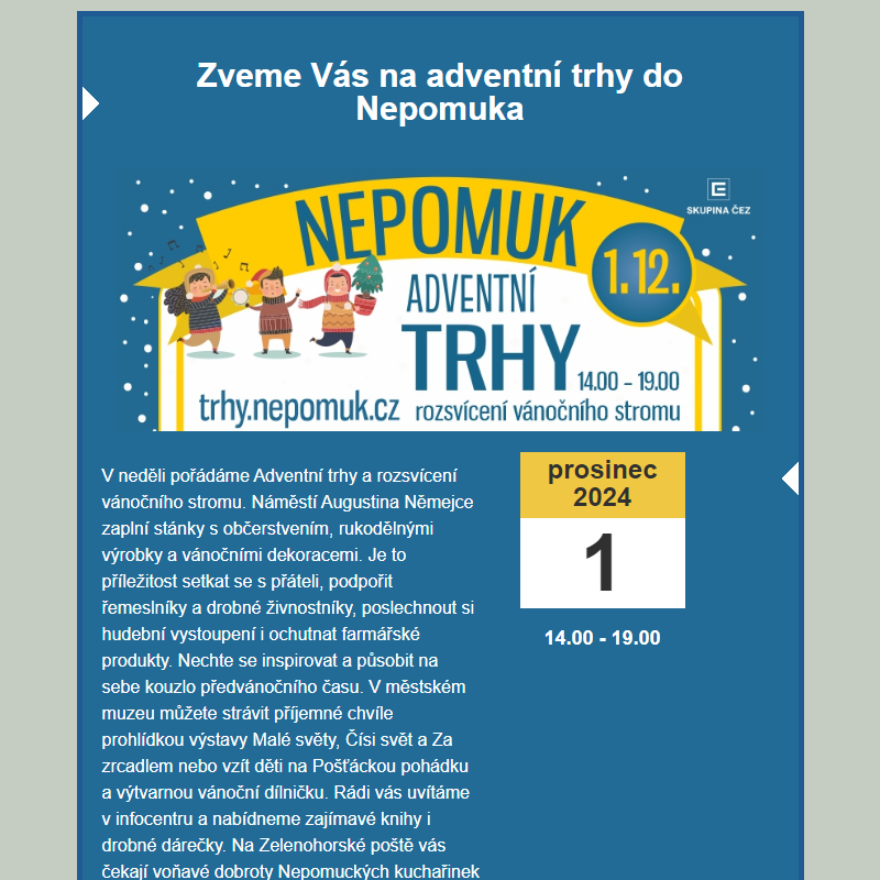 Nepomuk - neděle 1. 12. Adventní trh, rozsvícení vánočního stromu, pohádka, workshop