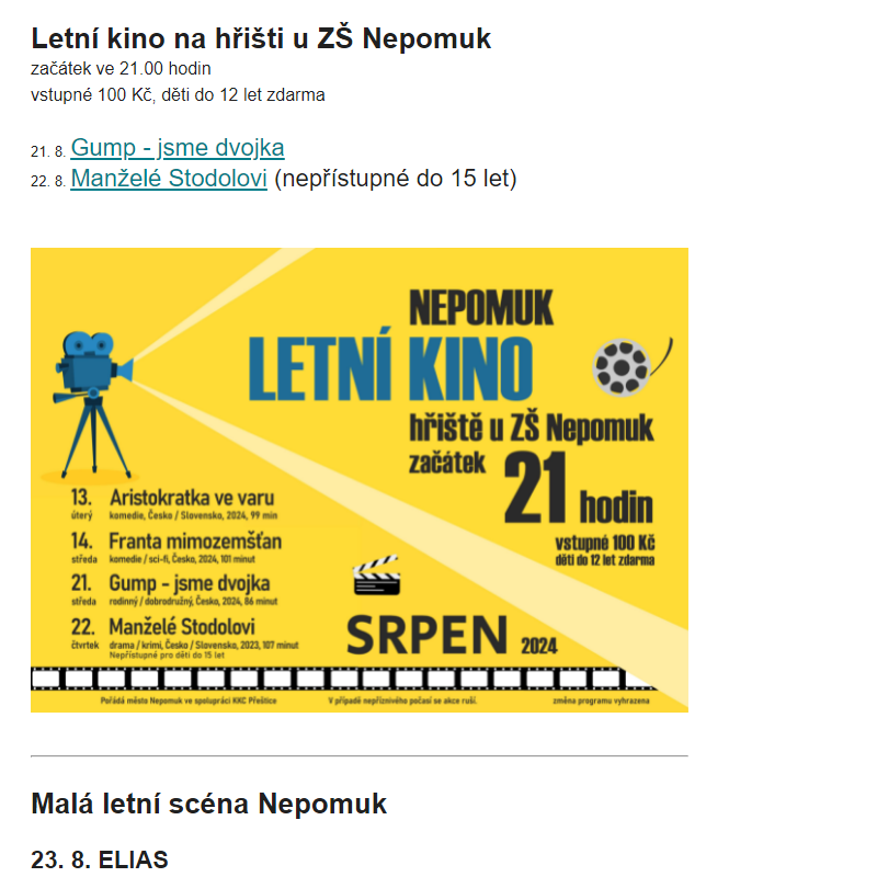 Nepomuk - Letní kino, Elias na MLS a další tipy na akce