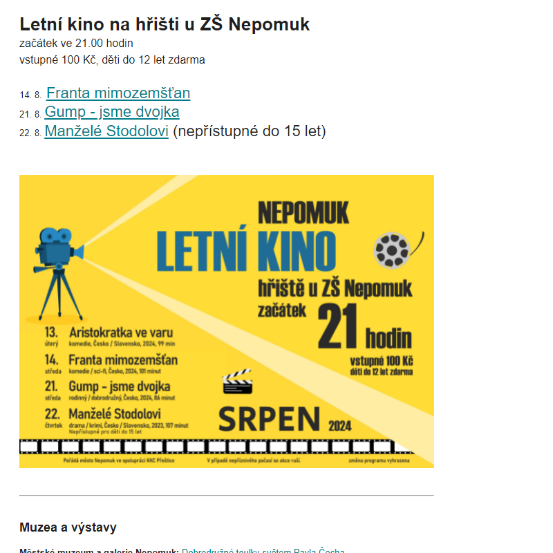 Nepomuk - Letní kino, folkový koncert a další nabídka akcí