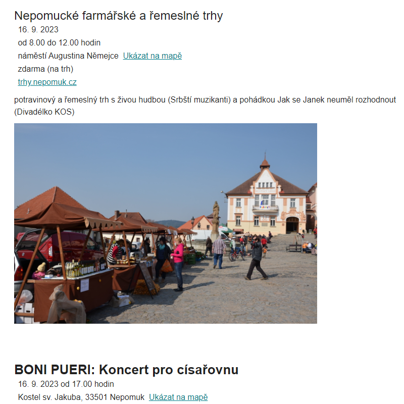 Akce Nepomuk - trhy, výstavy, koncert Boni pueri, vinobraní, Běh Nepomukem, koncert na Zelené Hoře