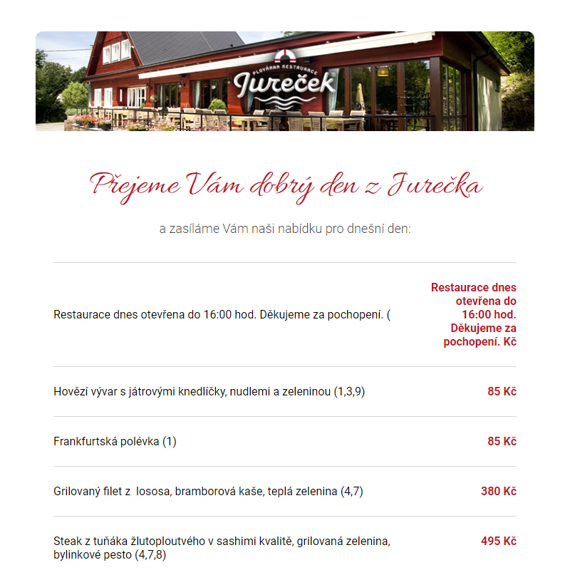 Restaurace Jureček – naše dnešní nabídka