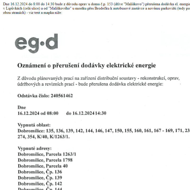 Přerušení dodávky el. energie 16.12.2024