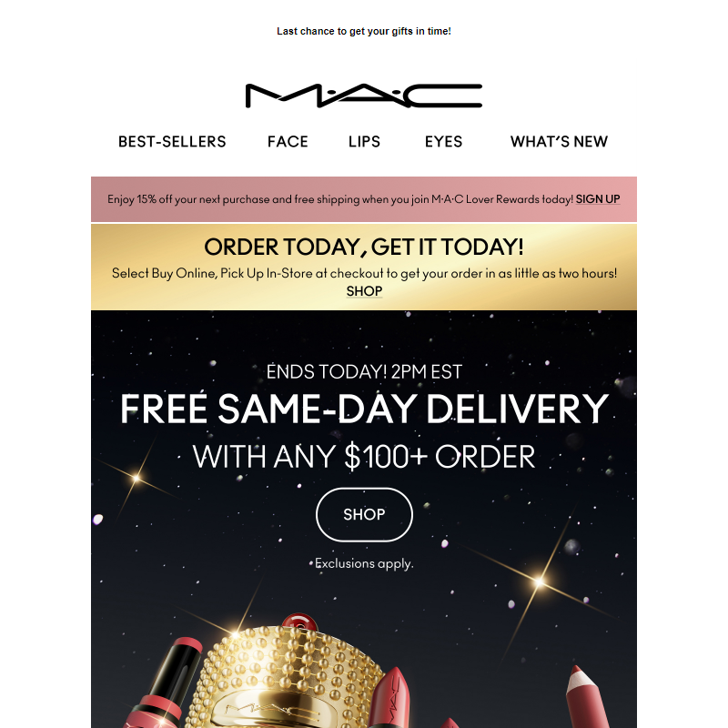 ENDS TONIGHT! FREE same-day delivery with $100+ _