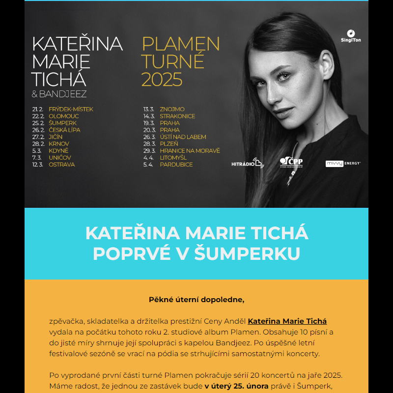 Kateřina Marie Tichá zavítá poprvé do Šumperka - začíná předprodej vstupenek!