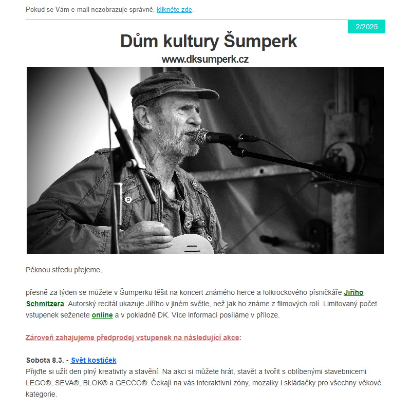 Známý herec a zpěvák Jiří Schmitzer přiveze do šumperského kulturáku svůj recitál