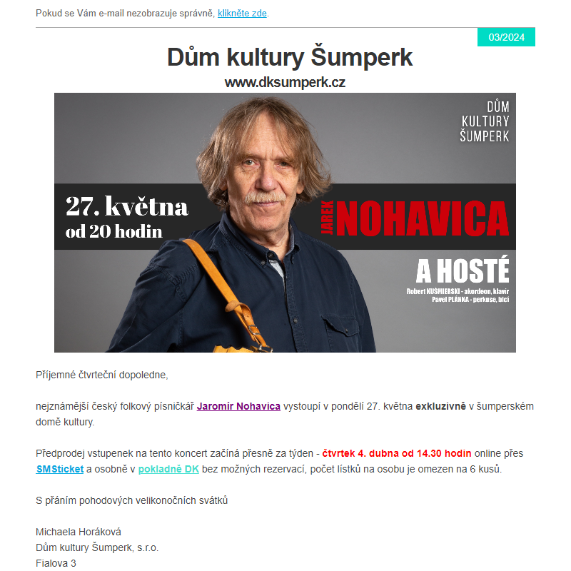Jaromír Nohavica vystoupí v květnu exkluzivně v Šumperku