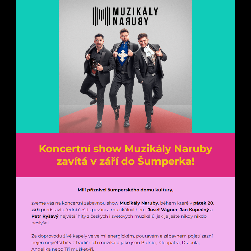 Koncertní show Muzikály Naruby zavítá v září do Šumperka!