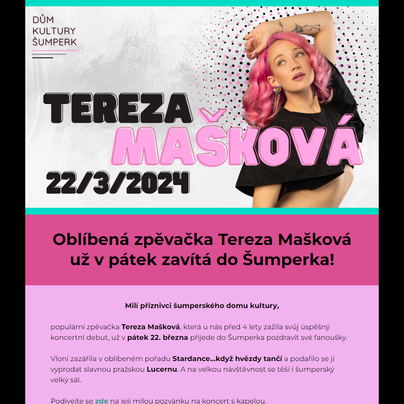 Tereza Mašková po čtyřech letech přijede pozdravit své šumperské fanoušky