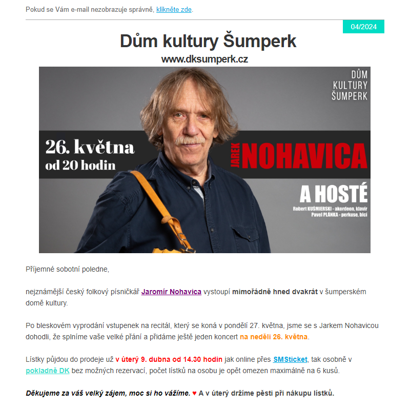 Jaromír Nohavica pro obrovský zájem přidává druhý koncert v Šumperku