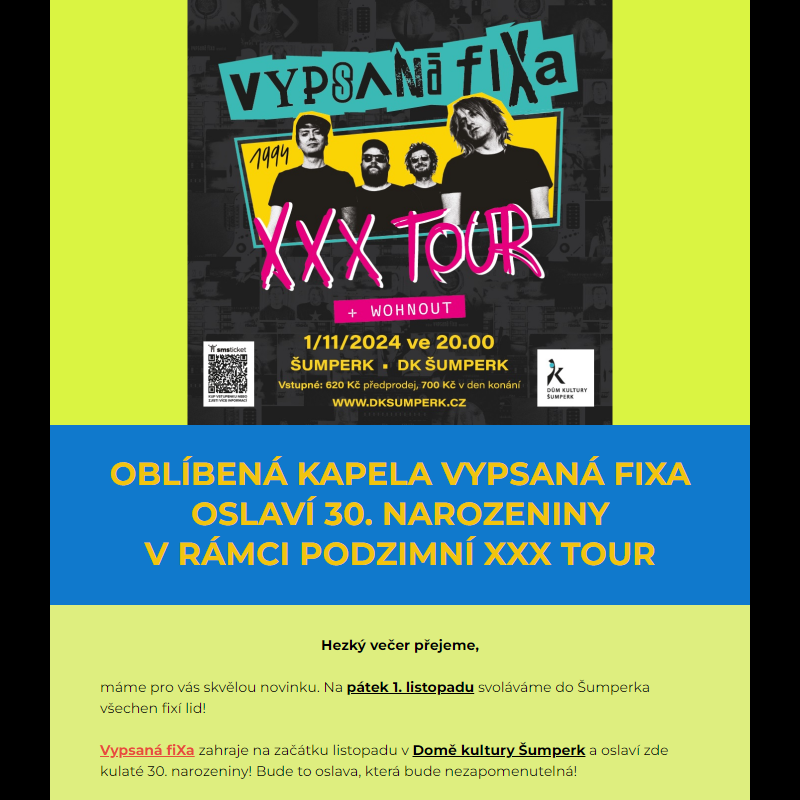 Startuje předprodej vstupenek na narozeninový koncert Vypsané fiXy v Šumperku!