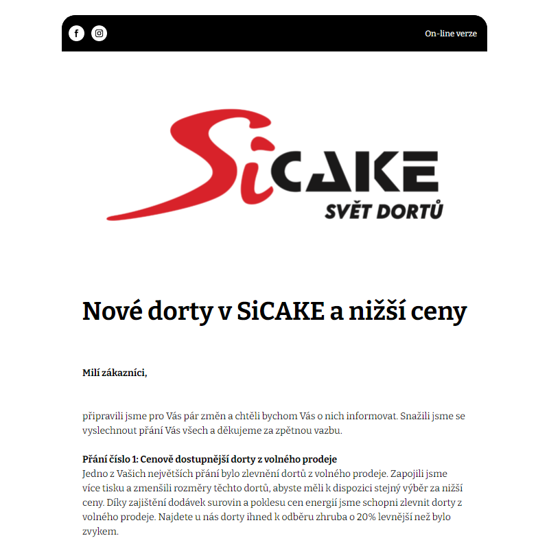 Nové dorty a nižší ceny v SiCAKE