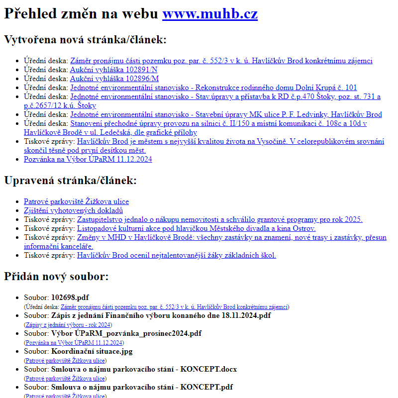 Přehled změn na webu www.muhb.cz