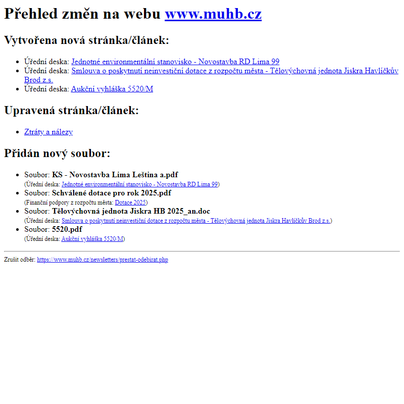 Přehled změn na webu www.muhb.cz