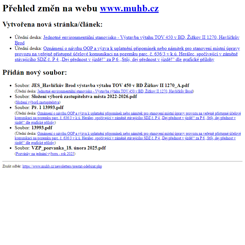 Přehled změn na webu www.muhb.cz