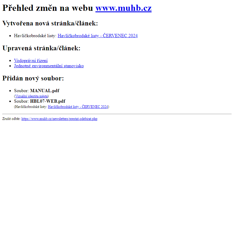 Přehled změn na webu www.muhb.cz