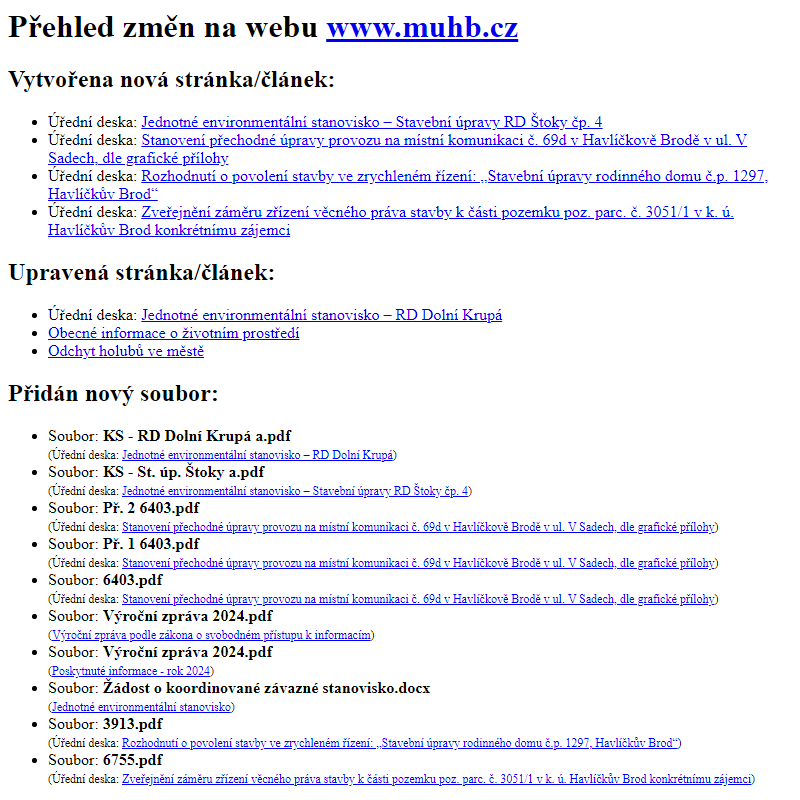 Přehled změn na webu www.muhb.cz