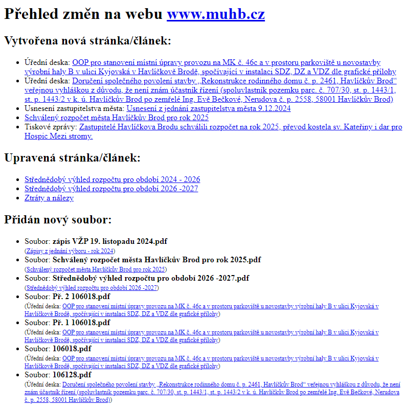 Přehled změn na webu www.muhb.cz