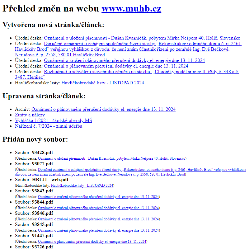 Přehled změn na webu www.muhb.cz