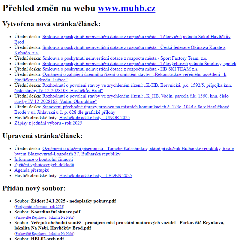 Přehled změn na webu www.muhb.cz