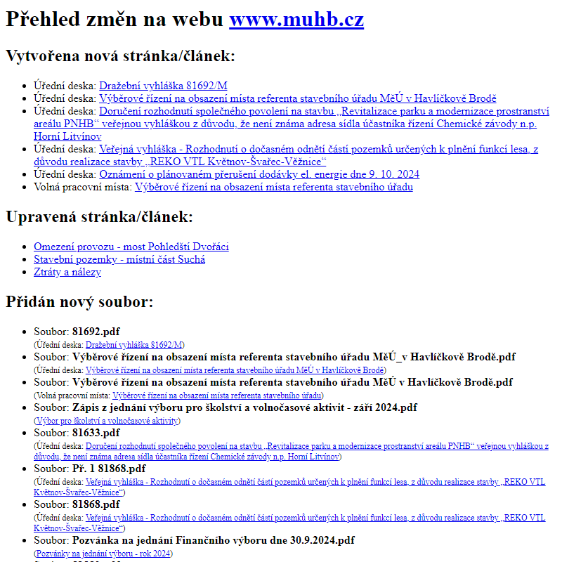 Přehled změn na webu www.muhb.cz