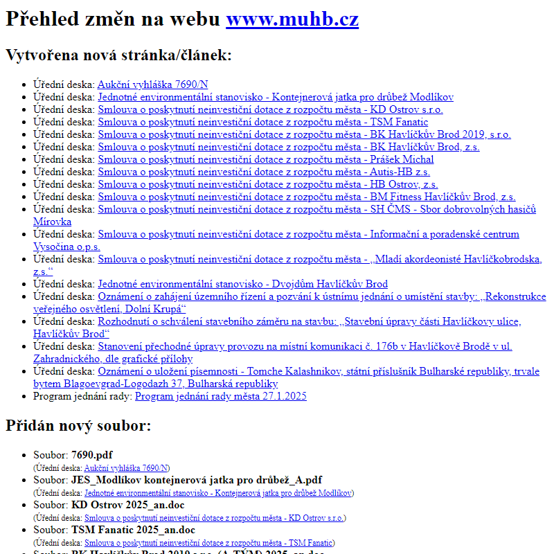 Přehled změn na webu www.muhb.cz