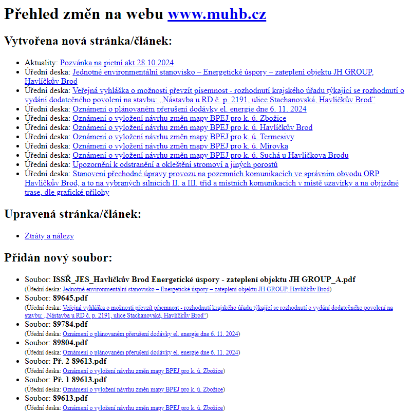 Přehled změn na webu www.muhb.cz