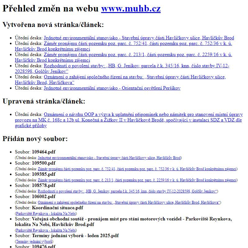 Přehled změn na webu www.muhb.cz