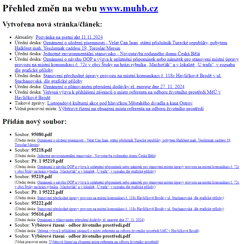 Přehled změn na webu www.muhb.cz