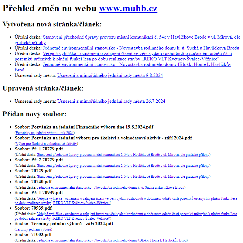 Přehled změn na webu www.muhb.cz