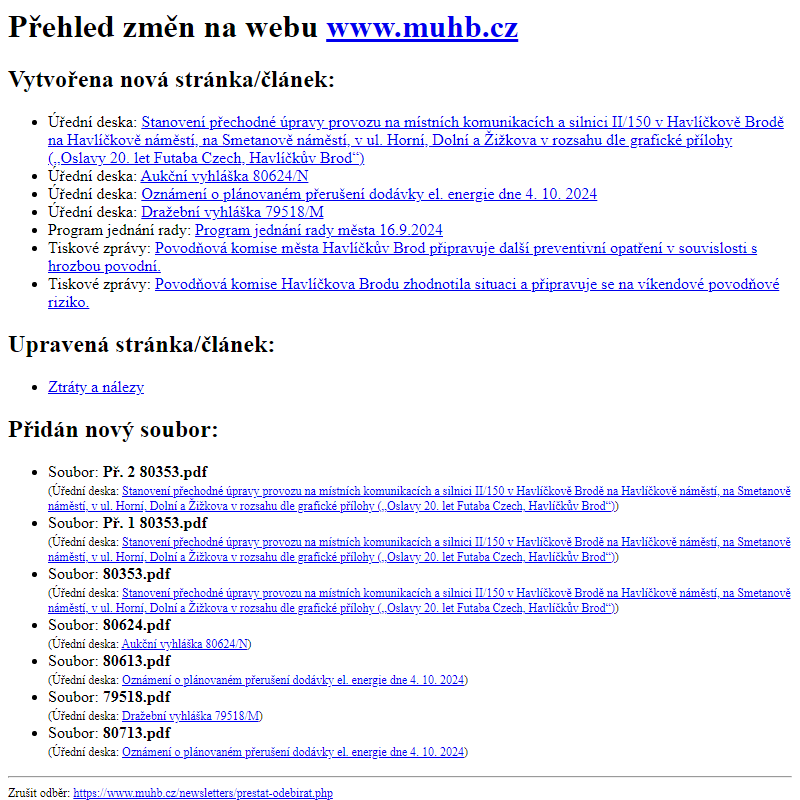 Přehled změn na webu www.muhb.cz