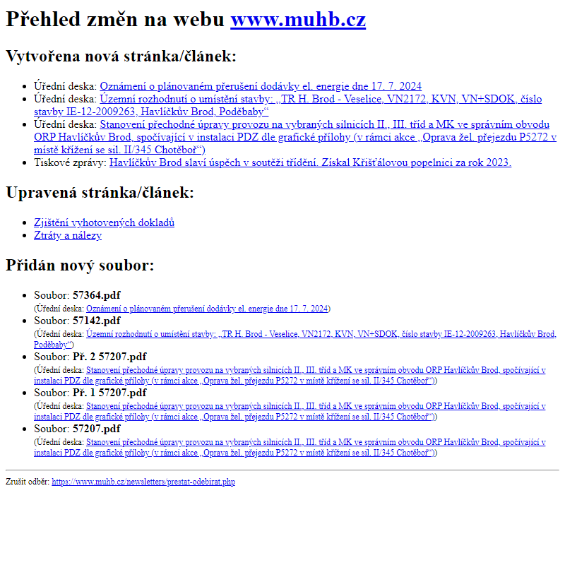 Přehled změn na webu www.muhb.cz