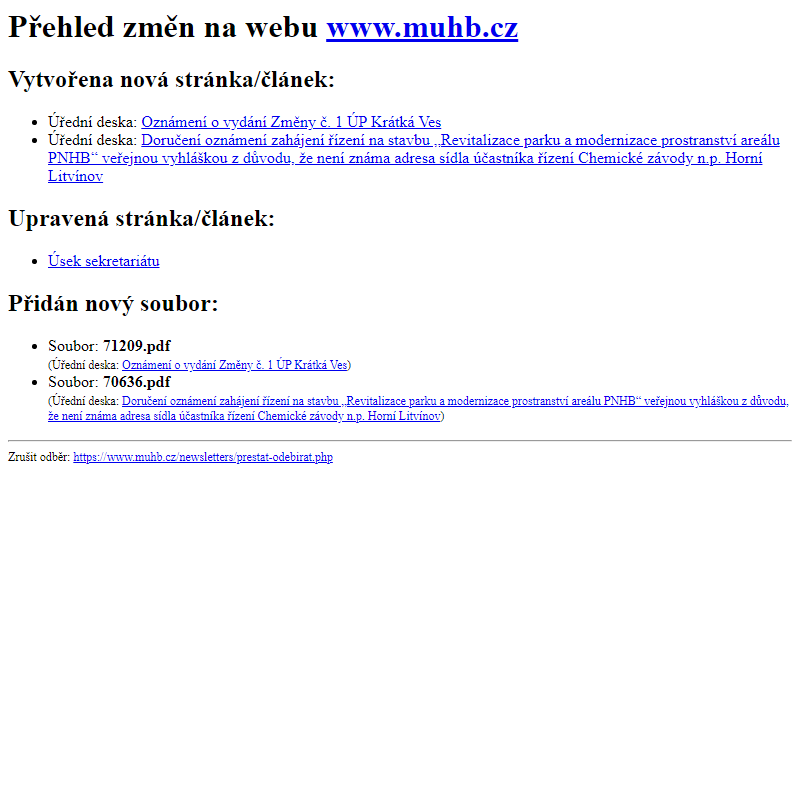 Přehled změn na webu www.muhb.cz