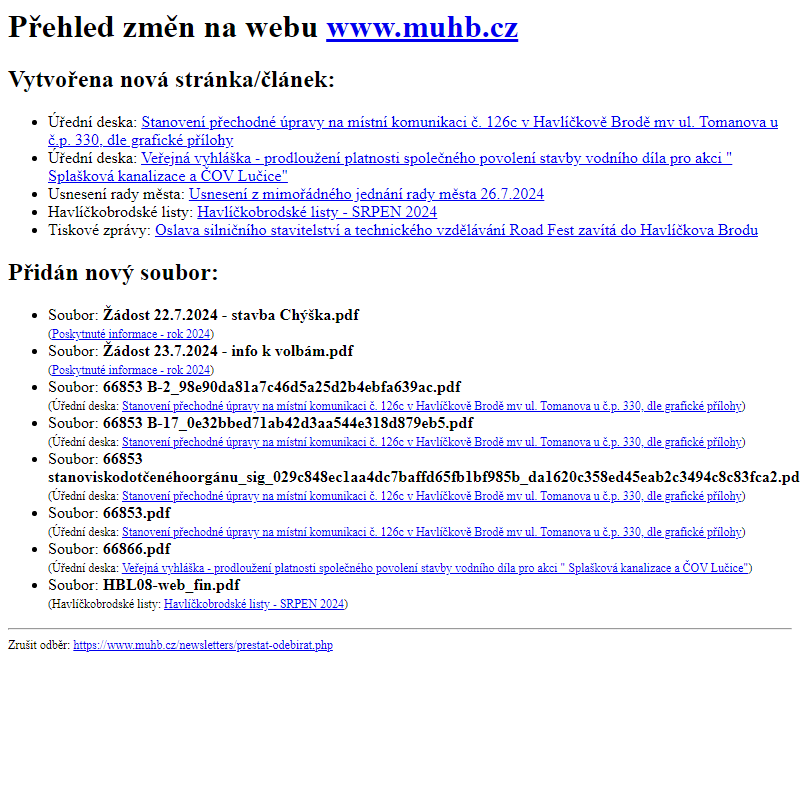 Přehled změn na webu www.muhb.cz