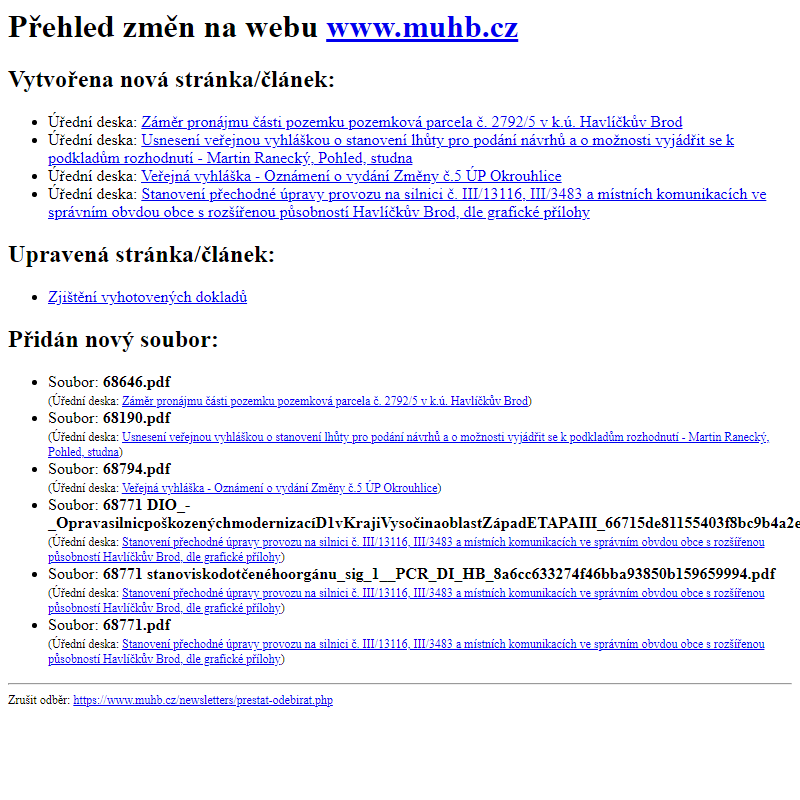 Přehled změn na webu www.muhb.cz