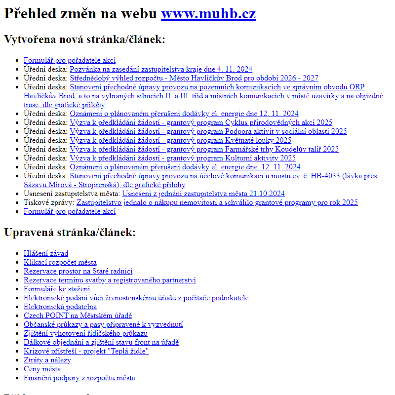 Přehled změn na webu www.muhb.cz